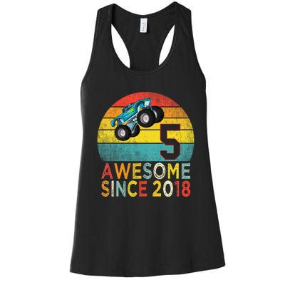 5th Birthday Monster Truck Lover 5 Years Old Vintage Retro Women's Racerback Tank