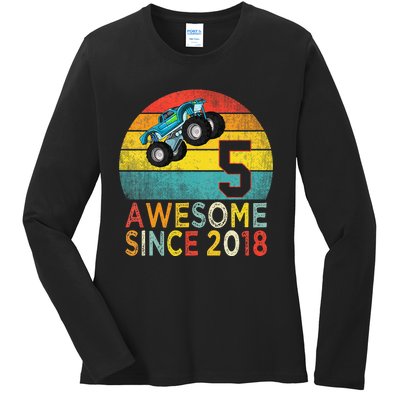 5th Birthday Monster Truck Lover 5 Years Old Vintage Retro Ladies Long Sleeve Shirt