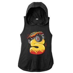 5th Birthday Monster Truck Ladies PosiCharge Tri-Blend Wicking Draft Hoodie Tank