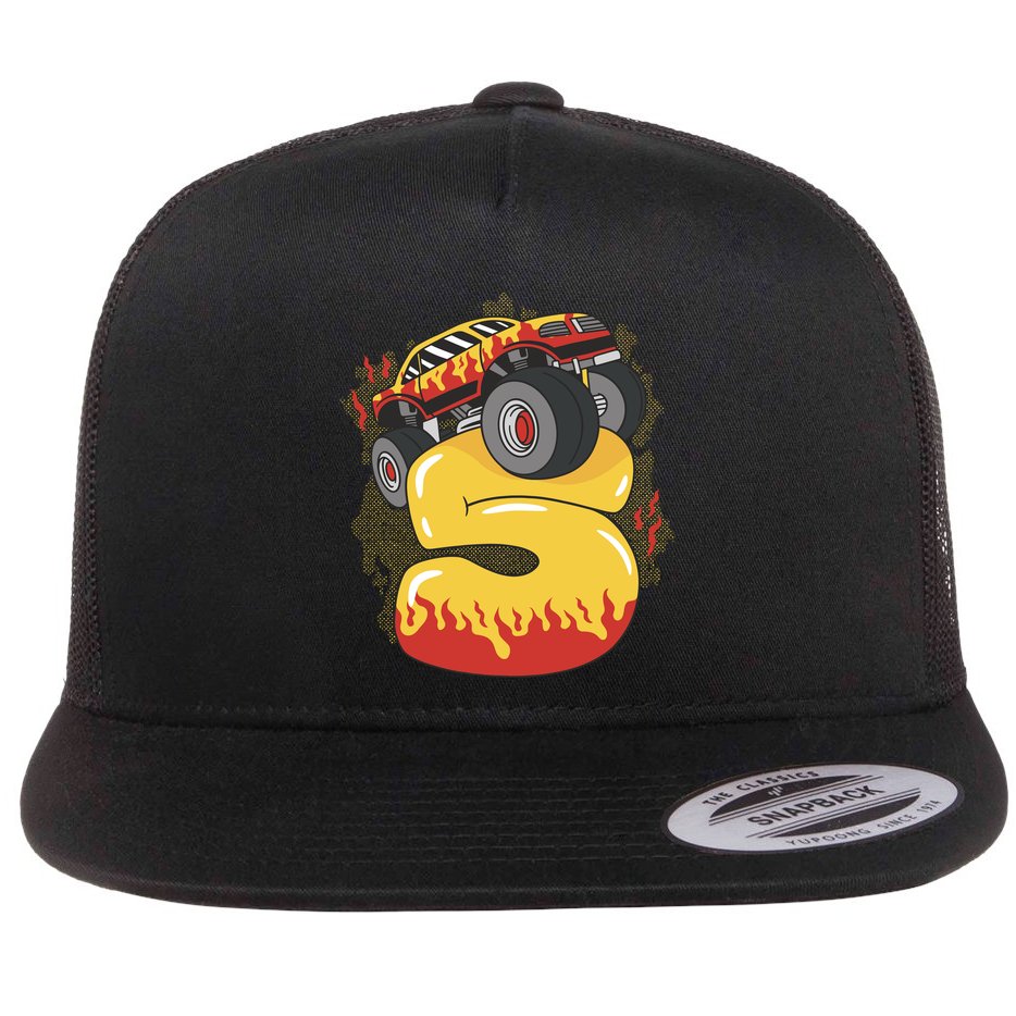 5th Birthday Monster Truck Flat Bill Trucker Hat