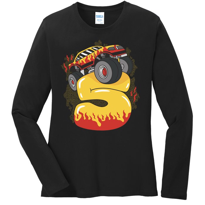 5th Birthday Monster Truck Ladies Long Sleeve Shirt