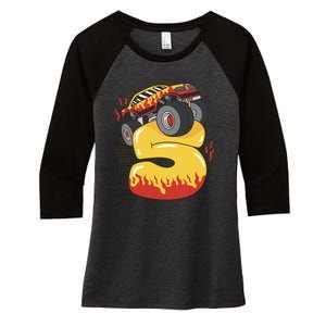 5th Birthday Monster Truck Women's Tri-Blend 3/4-Sleeve Raglan Shirt