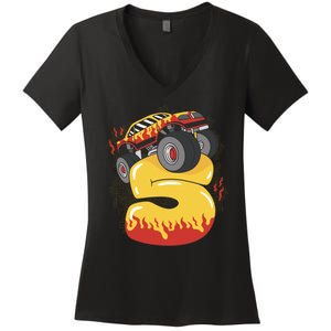 5th Birthday Monster Truck Women's V-Neck T-Shirt