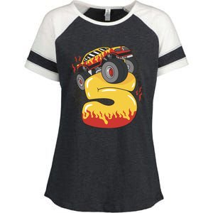 5th Birthday Monster Truck Enza Ladies Jersey Colorblock Tee