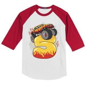 5th Birthday Monster Truck Kids Colorblock Raglan Jersey