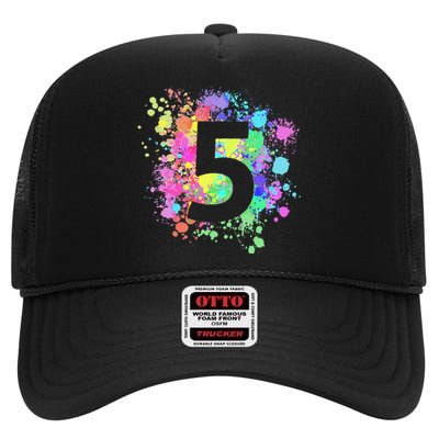 5th Birthday Paint Splashes Splatter Colorful Art High Crown Mesh Back Trucker Hat