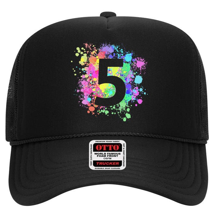 5th Birthday Paint Splashes Splatter Colorful Art High Crown Mesh Back Trucker Hat