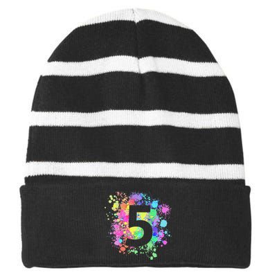 5th Birthday Paint Splashes Splatter Colorful Art Striped Beanie with Solid Band