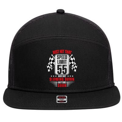 55th Birthday Speed Limit Sign 55 Years Old Funny Racing 7 Panel Mesh Trucker Snapback Hat