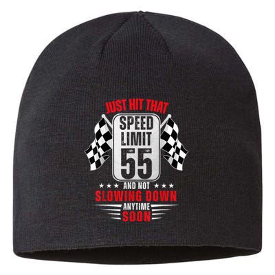 55th Birthday Speed Limit Sign 55 Years Old Funny Racing Sustainable Beanie