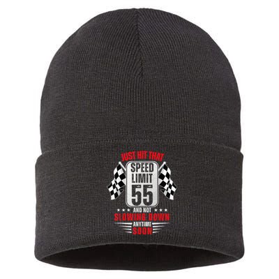 55th Birthday Speed Limit Sign 55 Years Old Funny Racing Sustainable Knit Beanie