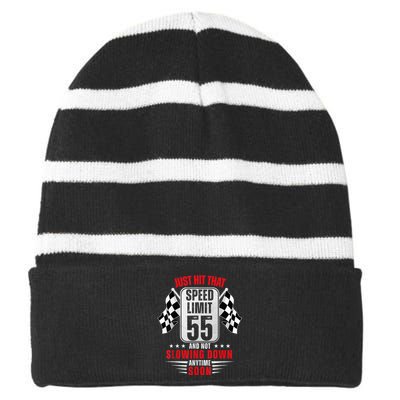 55th Birthday Speed Limit Sign 55 Years Old Funny Racing Striped Beanie with Solid Band