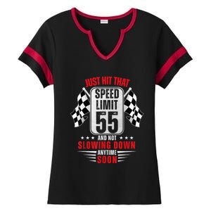 55th Birthday Speed Limit Sign 55 Years Old Funny Racing Ladies Halftime Notch Neck Tee