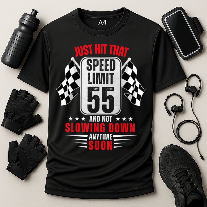 55th Birthday Speed Limit Sign 55 Years Old Funny Racing Cooling Performance Crew T-Shirt