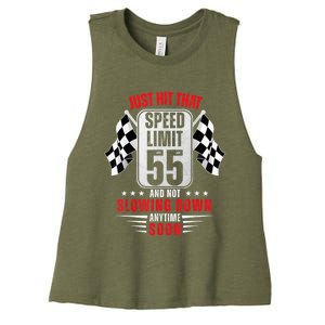 55th Birthday Speed Limit Sign 55 Years Old Funny Racing Women's Racerback Cropped Tank