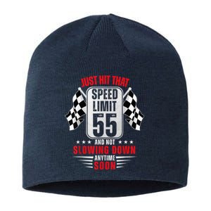 55th Birthday Speed Limit Sign 55 Years Old Funny Racing Sustainable Beanie