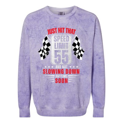 55th Birthday Speed Limit Sign 55 Years Old Funny Racing Colorblast Crewneck Sweatshirt