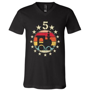 5th Birthday Train Fifth 5 Year Old Birthday V-Neck T-Shirt