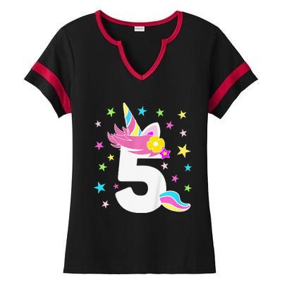 5th Birthday Unicorn Number 5 Year Old BDay Ladies Halftime Notch Neck Tee