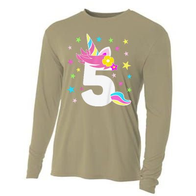 5th Birthday Unicorn Number 5 Year Old BDay Cooling Performance Long Sleeve Crew