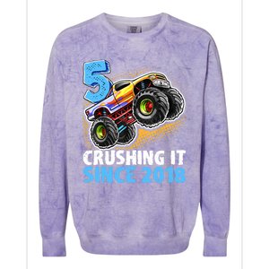 5 Crushing It Since 2018 Monster Truck 5th Birthday Boy Colorblast Crewneck Sweatshirt