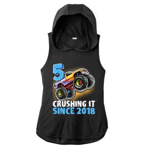 5 Crushing It Since 2018 Monster Truck 5th Birthday Boy Ladies PosiCharge Tri-Blend Wicking Draft Hoodie Tank