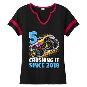 5 Crushing It Since 2018 Monster Truck 5th Birthday Boy Ladies Halftime Notch Neck Tee