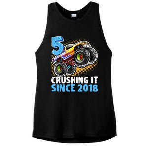 5 Crushing It Since 2018 Monster Truck 5th Birthday Boy Ladies PosiCharge Tri-Blend Wicking Tank