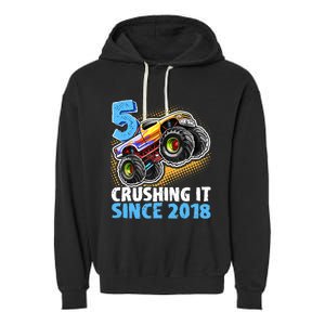 5 Crushing It Since 2018 Monster Truck 5th Birthday Boy Garment-Dyed Fleece Hoodie