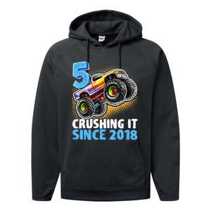 5 Crushing It Since 2018 Monster Truck 5th Birthday Boy Performance Fleece Hoodie