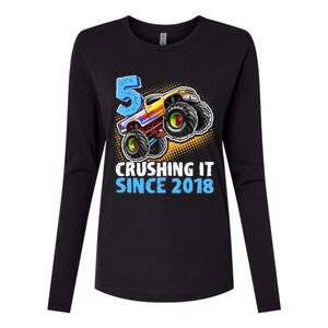 5 Crushing It Since 2018 Monster Truck 5th Birthday Boy Womens Cotton Relaxed Long Sleeve T-Shirt