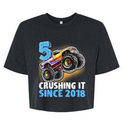 5 Crushing It Since 2018 Monster Truck 5th Birthday Boy Bella+Canvas Jersey Crop Tee