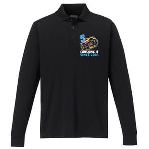 5 Crushing It Since 2018 Monster Truck 5th Birthday Boy Performance Long Sleeve Polo