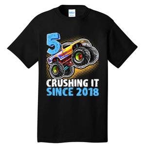 5 Crushing It Since 2018 Monster Truck 5th Birthday Boy Tall T-Shirt