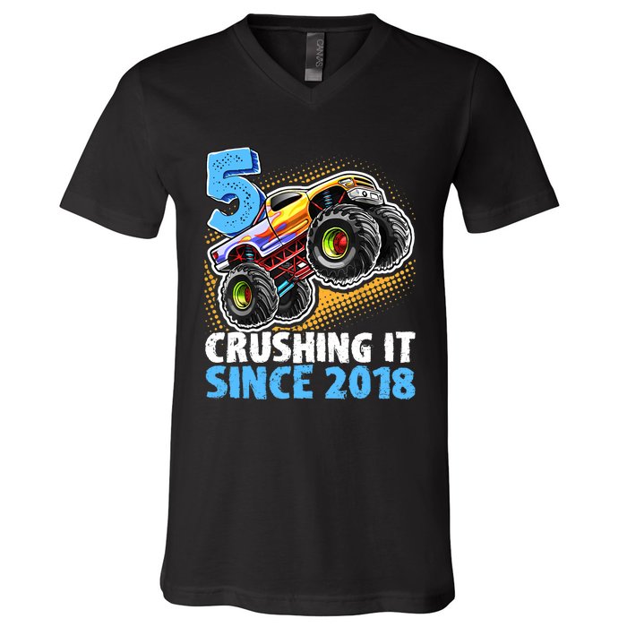 5 Crushing It Since 2018 Monster Truck 5th Birthday Boy V-Neck T-Shirt