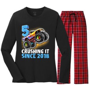 5 Crushing It Since 2018 Monster Truck 5th Birthday Boy Women's Long Sleeve Flannel Pajama Set 