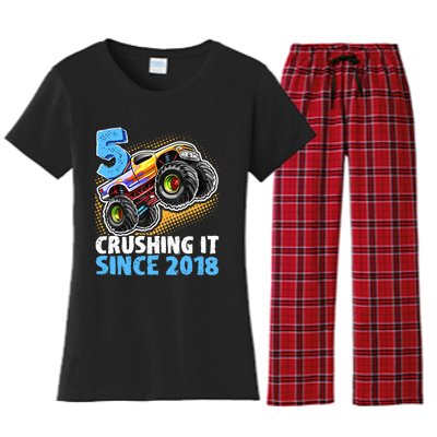 5 Crushing It Since 2018 Monster Truck 5th Birthday Boy Women's Flannel Pajama Set