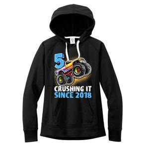 5 Crushing It Since 2018 Monster Truck 5th Birthday Boy Women's Fleece Hoodie