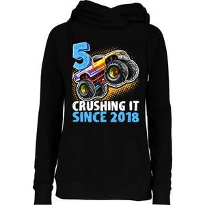 5 Crushing It Since 2018 Monster Truck 5th Birthday Boy Womens Funnel Neck Pullover Hood