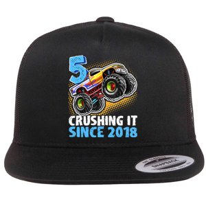 5 Crushing It Since 2018 Monster Truck 5th Birthday Boy Flat Bill Trucker Hat