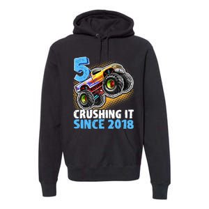 5 Crushing It Since 2018 Monster Truck 5th Birthday Boy Premium Hoodie