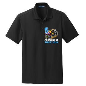 5 Crushing It Since 2018 Monster Truck 5th Birthday Boy Dry Zone Grid Polo