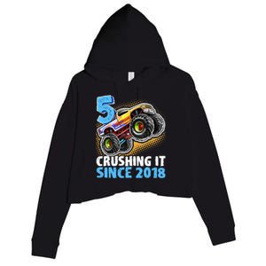 5 Crushing It Since 2018 Monster Truck 5th Birthday Boy Crop Fleece Hoodie