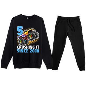 5 Crushing It Since 2018 Monster Truck 5th Birthday Boy Premium Crewneck Sweatsuit Set