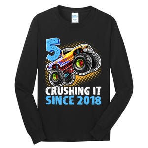 5 Crushing It Since 2018 Monster Truck 5th Birthday Boy Tall Long Sleeve T-Shirt