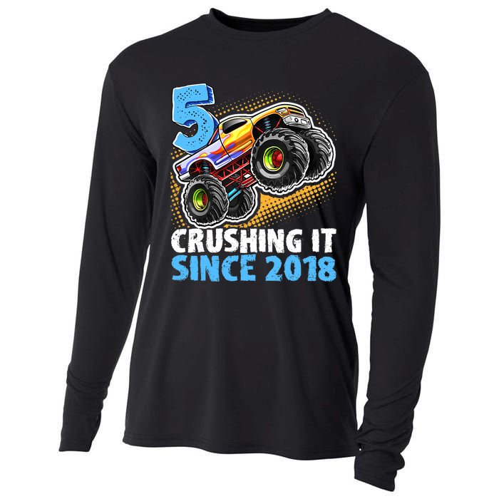 5 Crushing It Since 2018 Monster Truck 5th Birthday Boy Cooling Performance Long Sleeve Crew