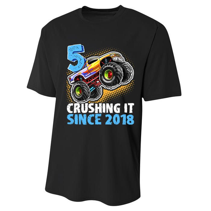 5 Crushing It Since 2018 Monster Truck 5th Birthday Boy Performance Sprint T-Shirt