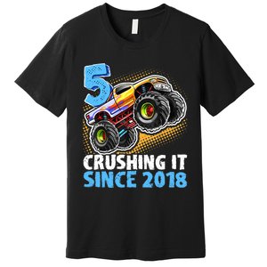 5 Crushing It Since 2018 Monster Truck 5th Birthday Boy Premium T-Shirt