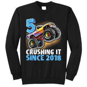 5 Crushing It Since 2018 Monster Truck 5th Birthday Boy Tall Sweatshirt