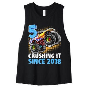 5 Crushing It Since 2018 Monster Truck 5th Birthday Boy Women's Racerback Cropped Tank